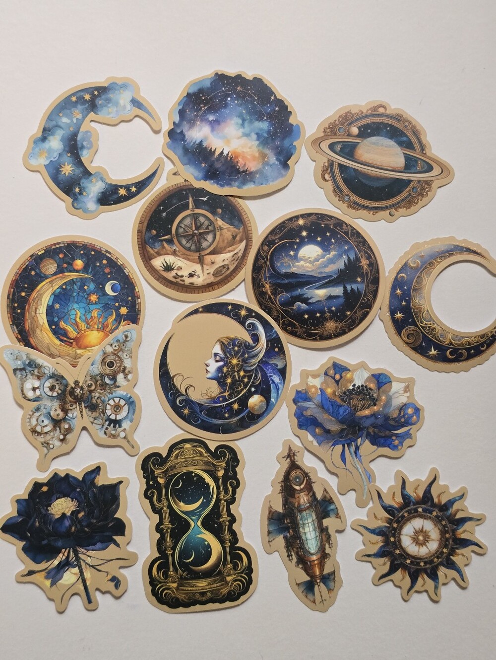 Celestial Blue & Gold Moon and Floral Sticker Pack
